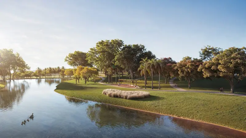 Praça e lago central da Fazenda Lumiar, em Bela Vista de Goiás